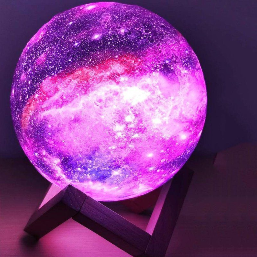 original galaxy led light up glowing moon lamp on wooden stand