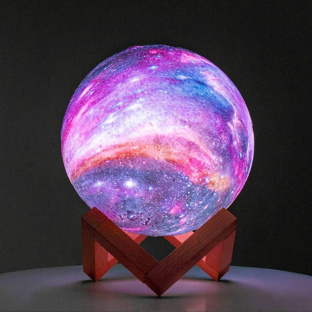 original galaxy led light up glowing moon lamp on wooden stand