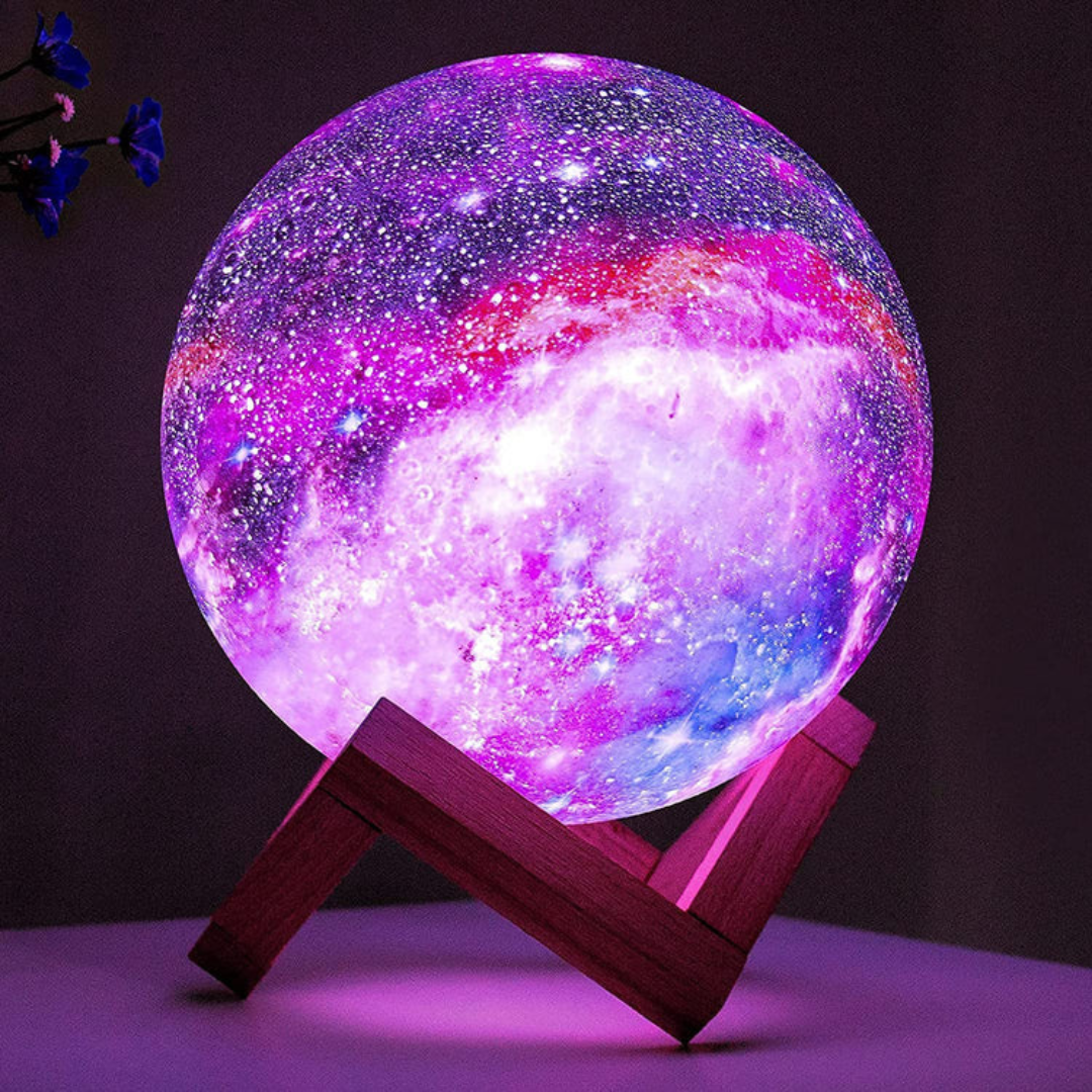 original galaxy led light up glowing moon lamp on wooden stand