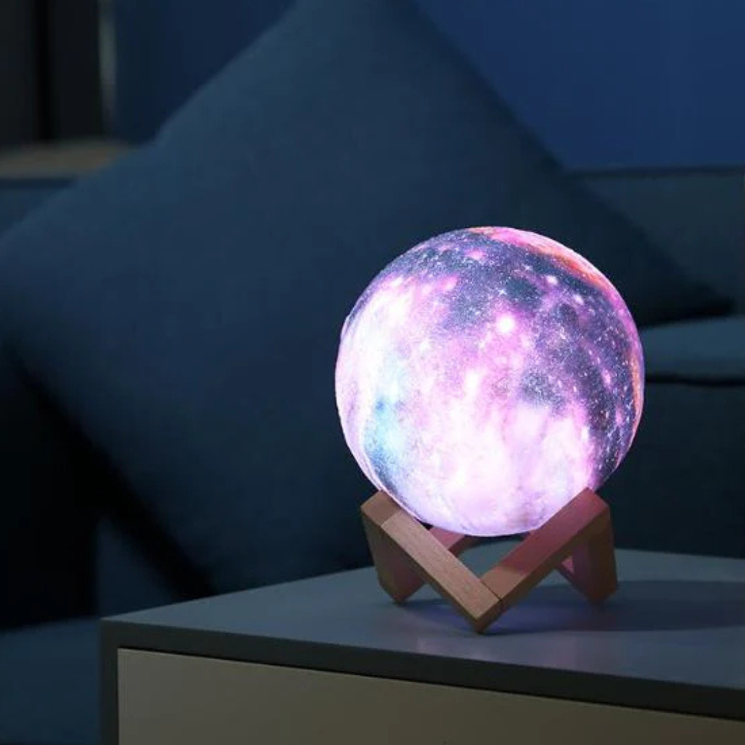 original galaxy led light up glowing moon lamp on wooden stand