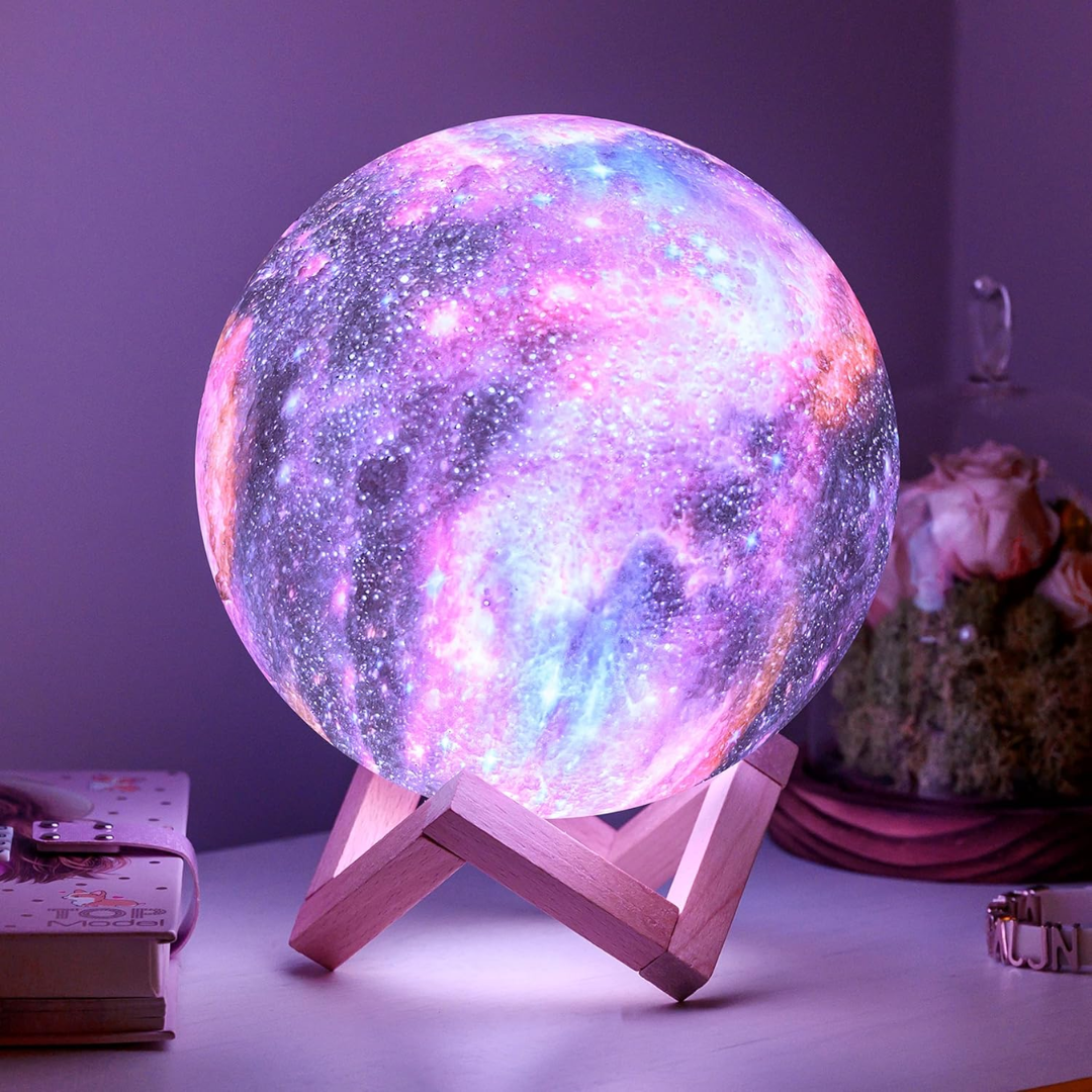 original galaxy led light up glowing moon lamp on wooden stand