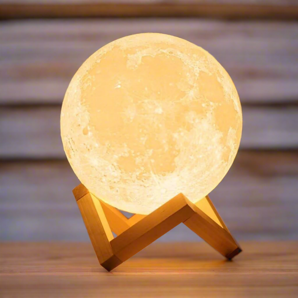 original led light up moon lamp on wooden stand