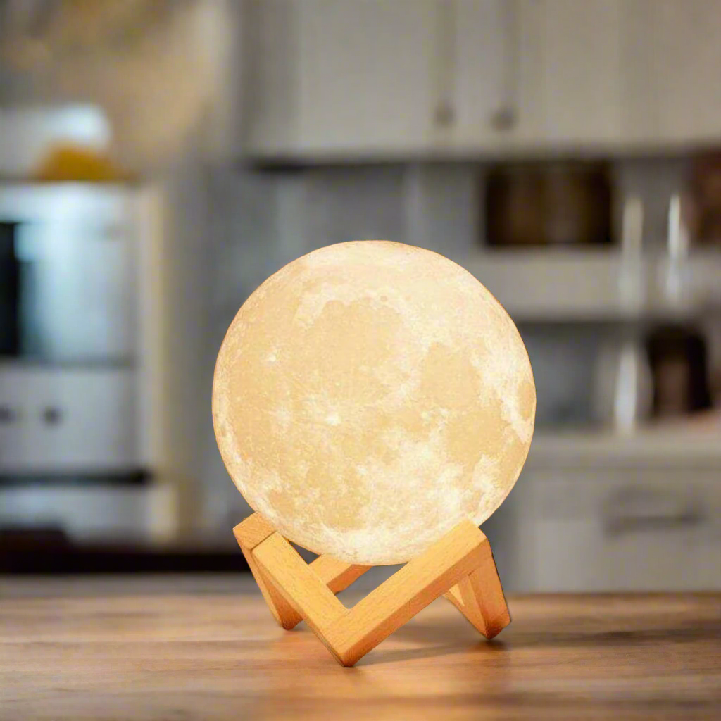 original led light up moon lamp on wooden stand