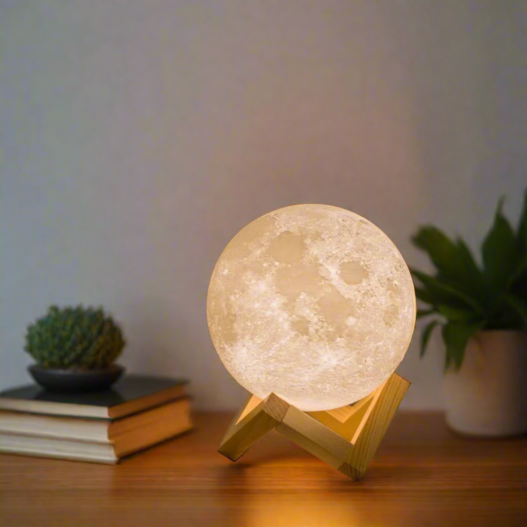 original led light up moon lamp on wooden stand