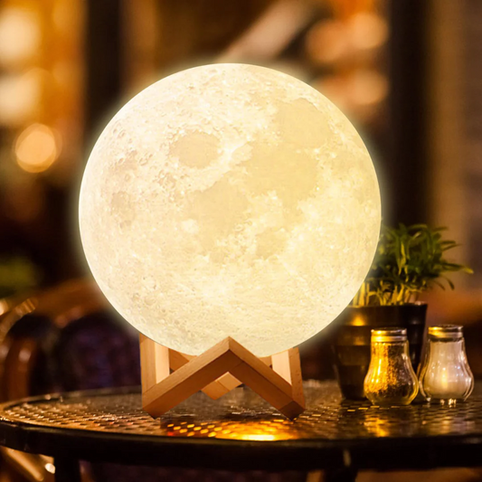 original led light up moon lamp on wooden stand